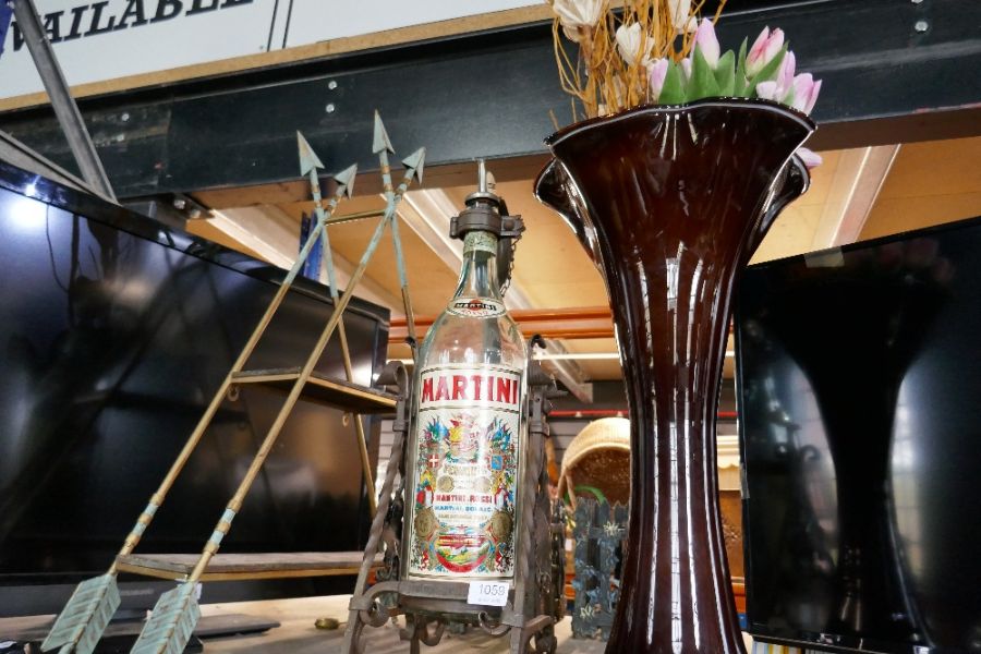 Large Martini bottle in wrought stand, scratch built shelves, large vase - Image 2 of 6