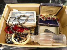 Box containing various costume jewellery including coral necklace, silver cased pocket watch, vintag
