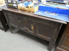 An antique oak panel coffer with carved frieze, 115cms