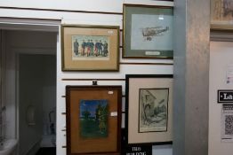 A selection of framed prints, depicting various scenes from WWI etc