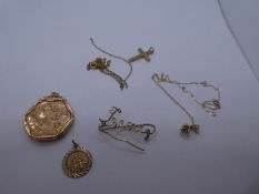 Collection of 9ct yellow gold items including circular locket, cross gold charm etc, gross 9g approx