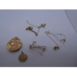 Collection of 9ct yellow gold items including circular locket, cross gold charm etc, gross 9g approx