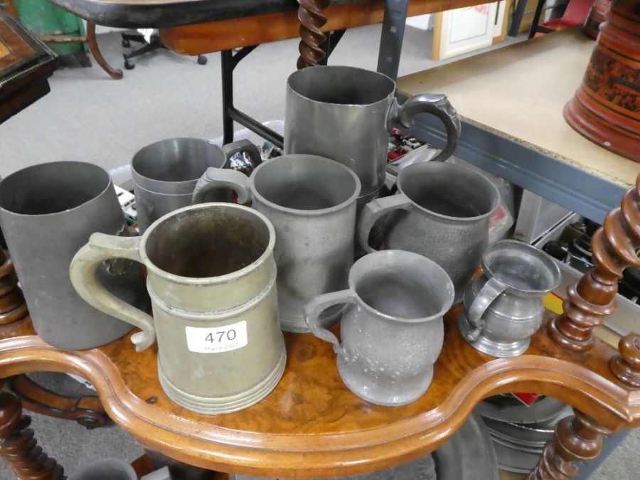 Quantity of antique pewter chargers and tankards and a small brass canon - Image 3 of 5