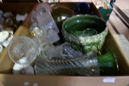 Four large boxes mixed china, glass and sundry including Wedgwood cabbage plates, crystal vases, dec