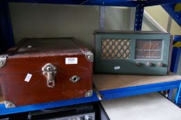 A vintage HMV table top gramophone having walnut case and a vintage HMV Radio