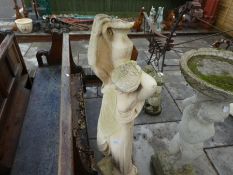 A classical garden figure of lady holding urn and one other cherub bird bath