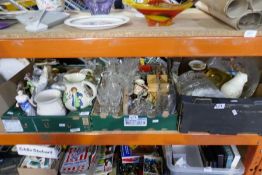 Four boxes of mixed ceramics and glass including Royal Vale, Royal Doulton, etc and a brass coal scu