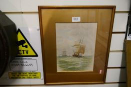 F.J. Aldridge. A 19th century watercolour of boat beside cliff, signed, 19.5 x 26cms