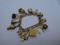 9ct yellow gold charm bracelet hung with 12 9ct yellow gold charms to include aero plate bell, goat,