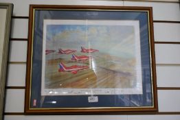 A coloured print of 'The Red Arrows' flying to Cranwell Tower 2000, limited edition, signed by the P