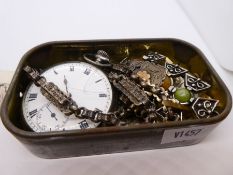 Silver cased pocket watch, Fero Skeleton Watch, silver watch chain and collection coins