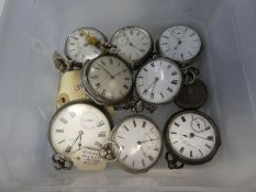 Large collection of mainly silver, but also white metal pocket watches. Also includes three Gold pla