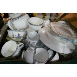 Box of mixed good quality teaware including Royal Albert 'Dainty Dinah' teaware, Lavender Rose, Wedg