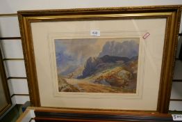 A 19th century watercolour of figures and horse in mountainous landscapes unsigned, 34 x 24cm