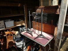 A dog grooming table, a pair of speaker stands and 2 boxes of sundry