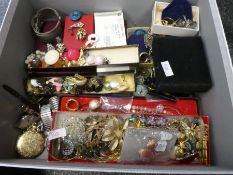 Large box containing costume jewellery including silver necklaces, rings, brooches, bead necklaces,