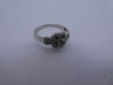 9ct white gold emerald and diamond Art Deco design ring, size U, 2.7g approx, in the form of a four