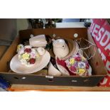 Pair of crystal vases, oriental lamp, brass planter, box metalware and box mixed ceramics including