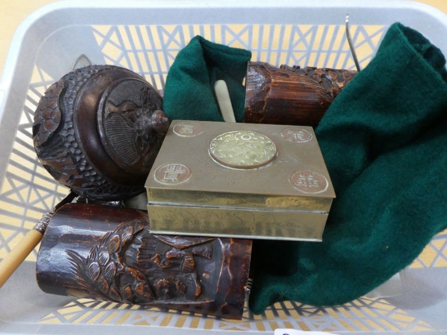 Two oriental bamboo vases, a brass box with jade plaque, souvenir spoons and sundry - Image 2 of 3