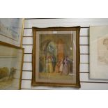 An old watercolour of women and girls in interior and a watercolour of windmill circa 1900 both unsi
