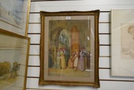 An old watercolour of women and girls in interior and a watercolour of windmill circa 1900 both unsi