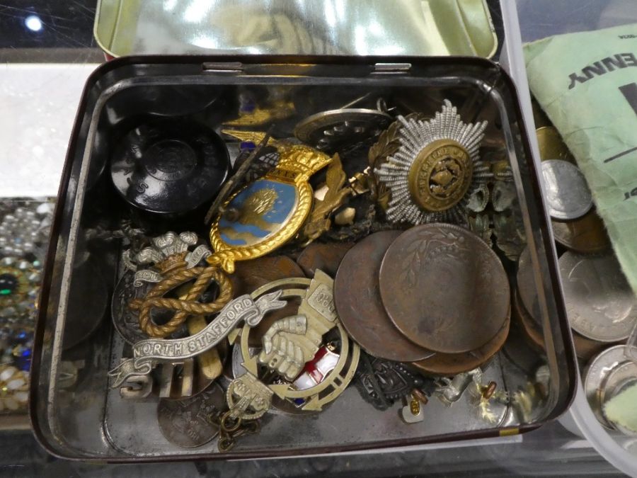 A tin containing military cap badges and pilot's wings and a quantity of coins, including a 1771 Rus - Image 2 of 3