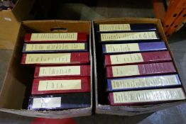 Two boxes of postcards in albums, all catalogued to spines