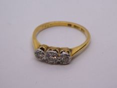 Antique 18ct yellow gold illusion set diamond trilogy ring, marked 18, size M, 2.3g approx