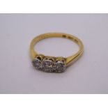 Antique 18ct yellow gold illusion set diamond trilogy ring, marked 18, size M, 2.3g approx