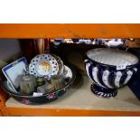 Small wooden corner cupboard, EPNS tea service, large blue and white and floral decorated Jardinière