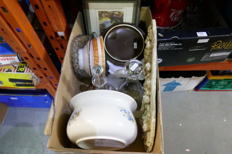 Two boxes of mixed china and glassware to include KitKat kitchen item, glass decanters - Image 4 of 5