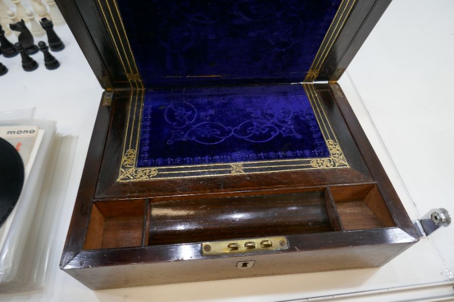 A Victorian Burr Walnut Jewellery box having desk slope below, and a Victorian Rosewood desk slope - Image 3 of 4