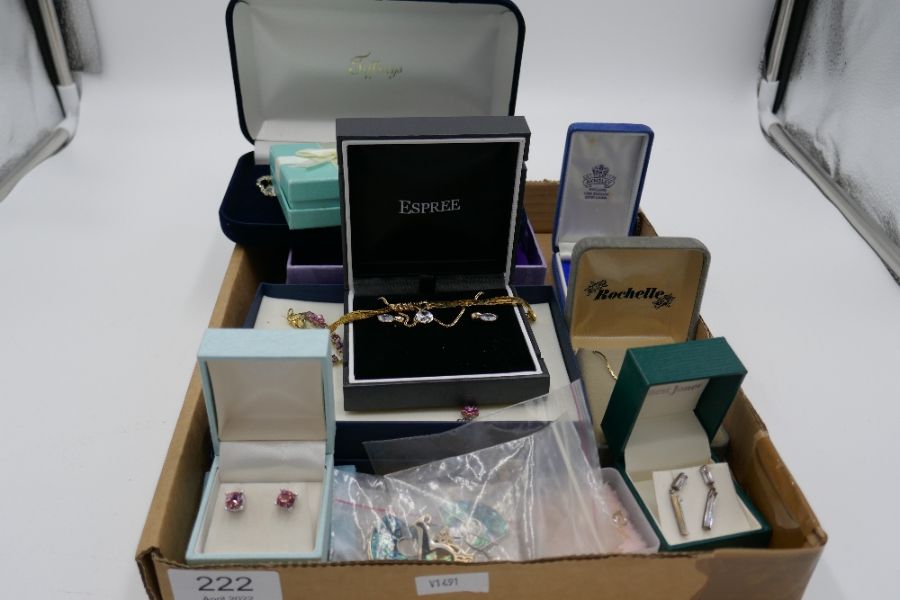 Tray of modern costume jewellery including earrings, necklaces, box of Avon costume jewellery and on