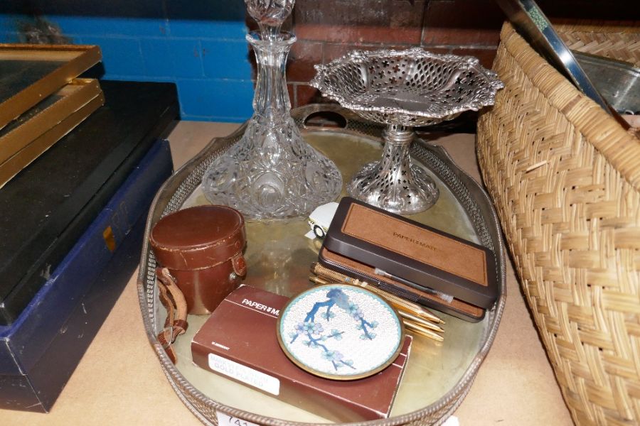 Large silver plated tray containing collectables to include gold plates, Papermate fountain pen, Par - Image 2 of 4