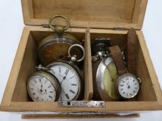 Vintage box containing silver pocket watches, watch, etc including 'The Express English Lever' J G G