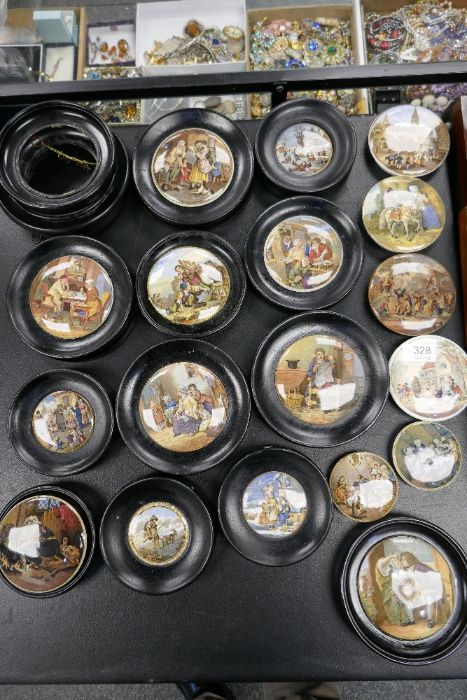 A quantity of Victorian pot lids decorated figures, animals and similar some unframed but with spare