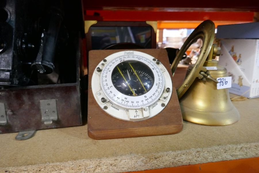 Negretti and Zambra metal cased barograph, Sestrel compass, brass bell and cased bubble sextant etc - Image 3 of 3