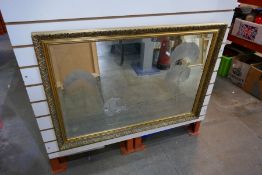 Large gilt framed bevelled wall mirror etched horse and carriage scene