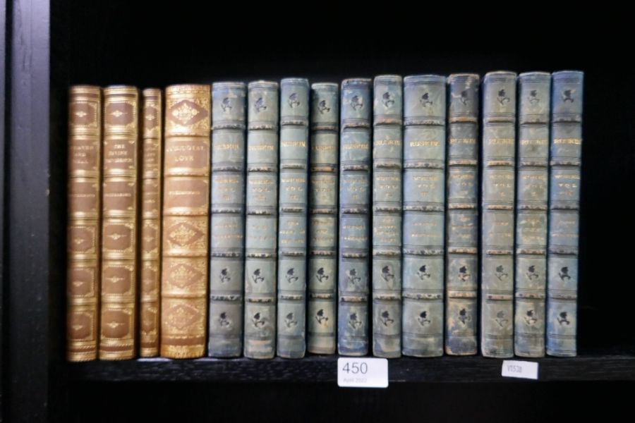 Emanuel Swedenborg, 4 various books, leather bound, and 11 volumes of Ruskin works