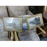 An antique oil of river landscape and two other watercolours