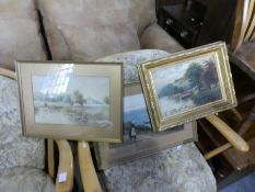 An antique oil of river landscape and two other watercolours