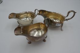 A selection of three silver sauce boats, with various hallmarks to include Viner's Ltd, 1937, Willia