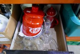 Two boxes of mixed china and glassware to include KitKat kitchen item, glass decanters