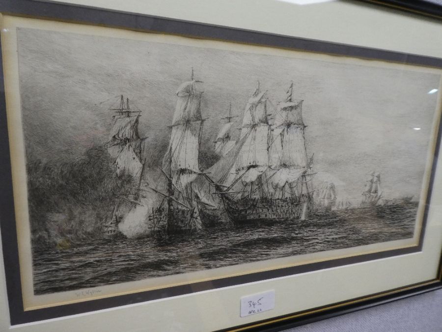 W L Wylie, a set of three pencil signed etchings of galleons in the Battle of Trafalgar and a nautic - Image 4 of 5