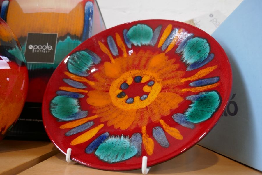 Two modern Poole vases of 'Volcano' design and a similar circular disk, the largest vase 37cms - Image 4 of 5