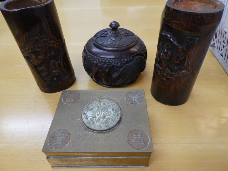 Two oriental bamboo vases, a brass box with jade plaque, souvenir spoons and sundry - Image 3 of 3