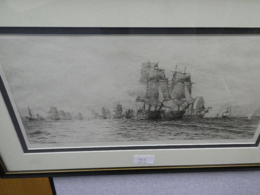 W L Wylie, a set of three pencil signed etchings of galleons in the Battle of Trafalgar and a nautic - Image 5 of 5