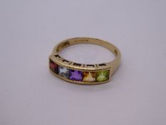 Modern 9ct yellow gold band ring inset with 5 square cut channel set gemstones including citrine, pe