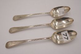 Georgian silver serving spoons with beaded border and lion engraved on handle. Hallmarked London 181