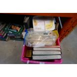 Box of books, a quantity of autobiographies and a box of stamp albums, first day covers etc